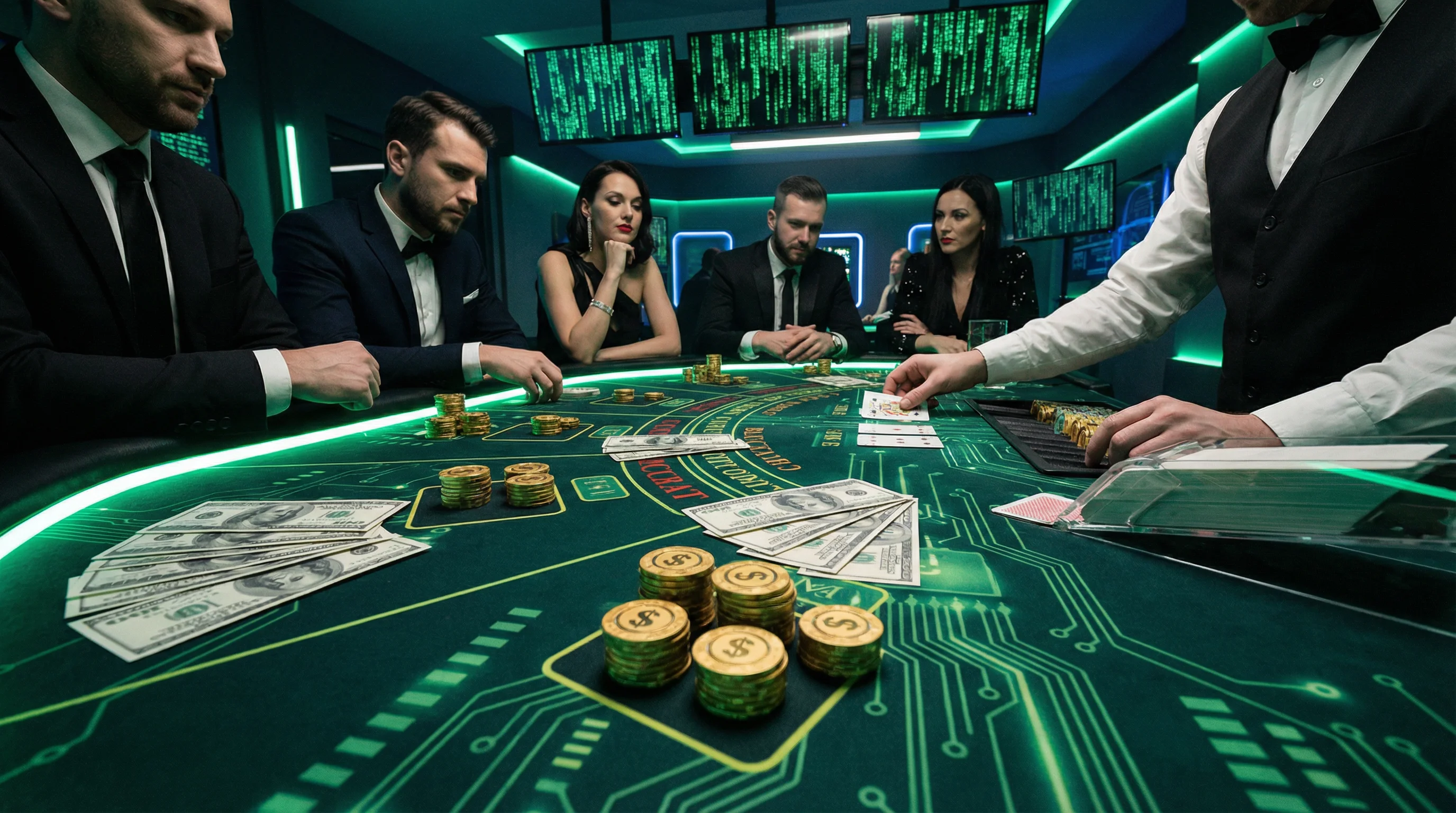 Mesa de bacará elegante con cartas y fichas doradas en Marathonbet App México