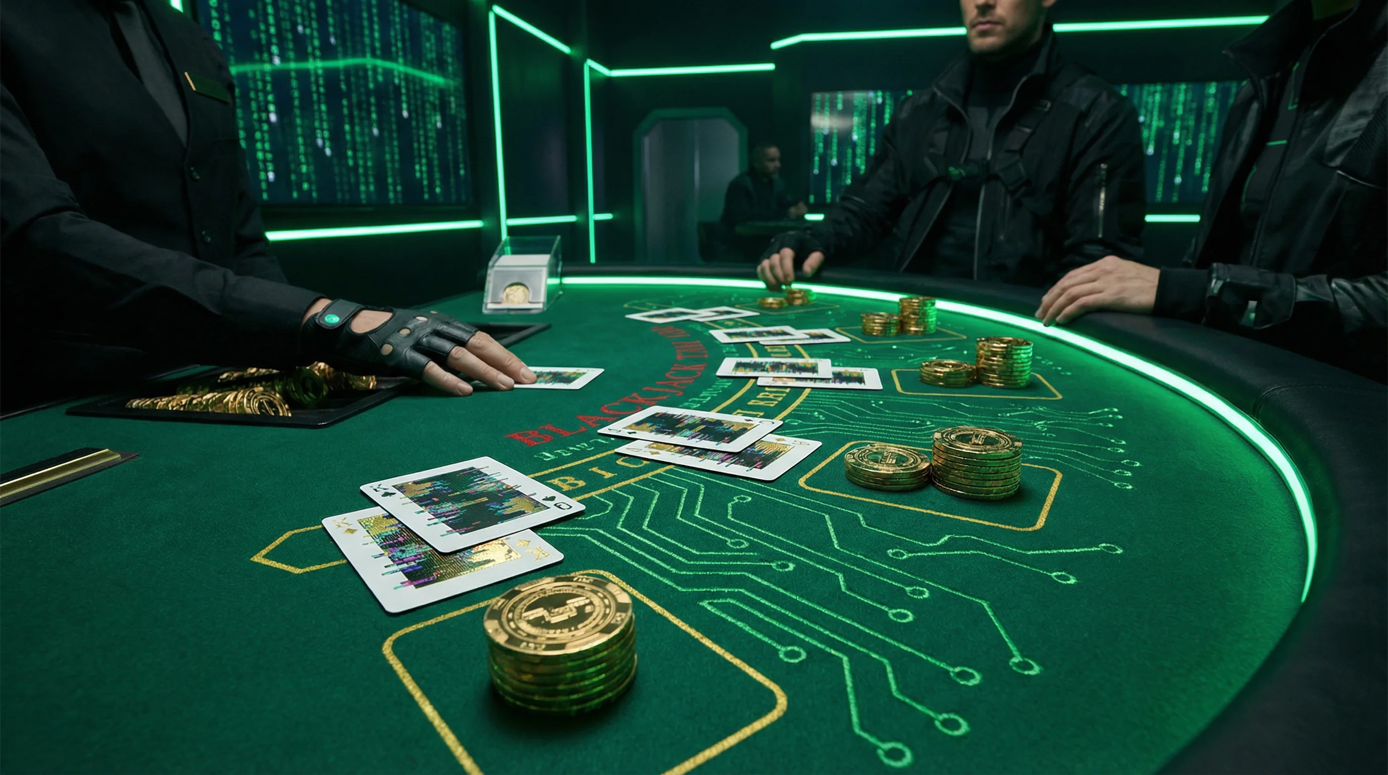 Mesa de blackjack profesional con cartas y fichas en Marathonbet App México